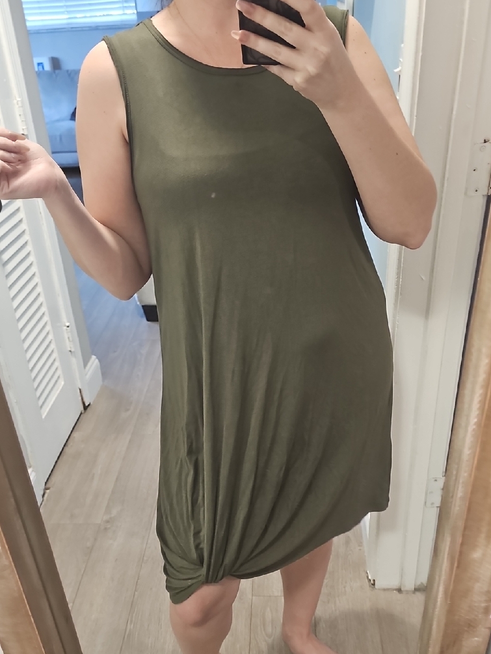 Chelsea & Theodore Sleeveless Olive Green Knot Hem Dress